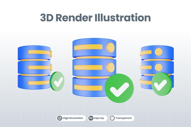 PSD チェックアイコンが分離された3dレンダリングデータベースサーバーアイコン