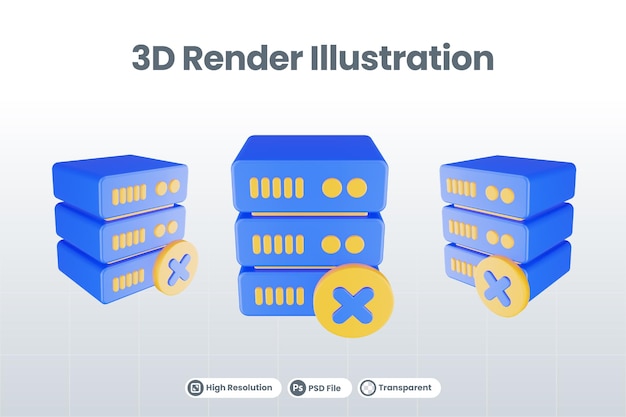 PSD Значок сервера базы данных 3d рендеринга с изолированным значком креста