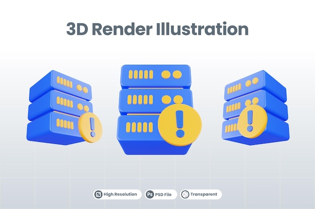 感嘆符アイコンが分離された3dレンダリングデータベースサーバーアイコン