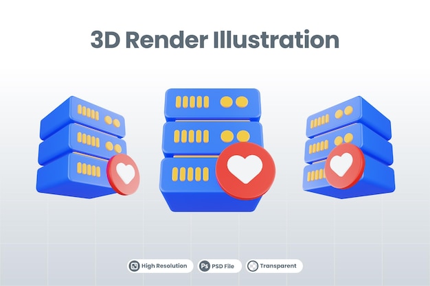 PSD 고립 된 좋아하는 아이콘이 있는 3d 렌더링 데이터베이스 서버 아이콘