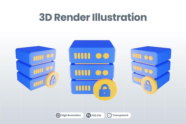 PSD 3d render database server icon with locked icon isolated