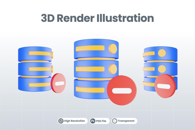 Значок сервера базы данных 3d рендеринга с изолированным значком минус