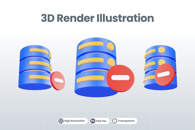 PSD 3d render database server icon with minus icon isolated