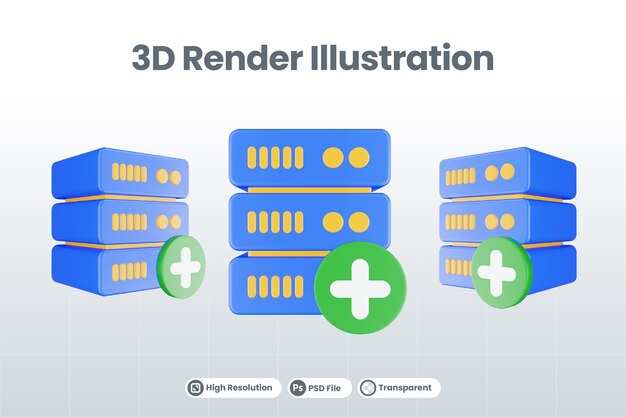 PSD プラスアイコンが分離された3dレンダリングデータベースサーバーアイコン