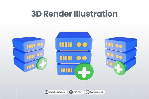 PSD 3d render database server icon with plus icon isolated