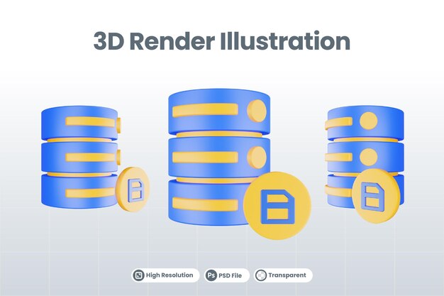 PSD 保存アイコンが分離された3dレンダリングデータベースサーバーアイコン