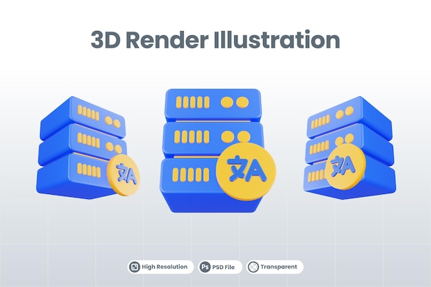 PSD 分離された翻訳アイコンと3dレンダリングデータベースサーバーアイコン