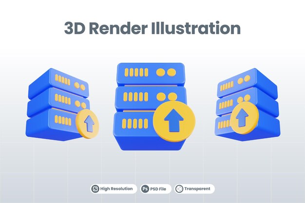 PSD 3d render database server icon with upload icon isolated