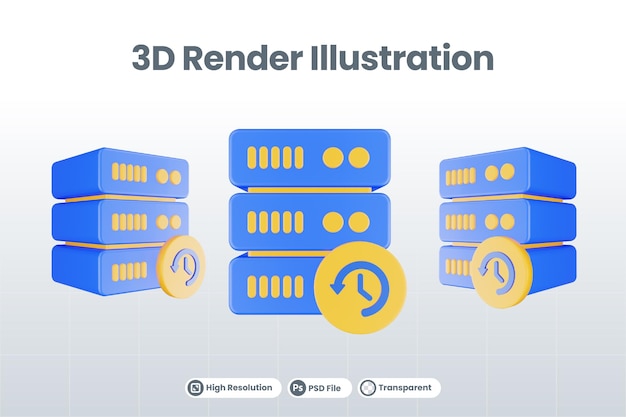 PSD 3d render database server icon with waiting icon isolated