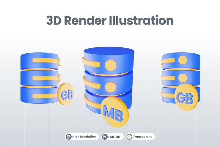 PSD 3d render database server icoon met megabyte icoon geïsoleerd