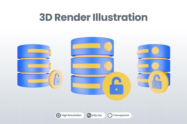 PSD 3d render databaseserverpictogram met ontgrendeld pictogram geïsoleerd