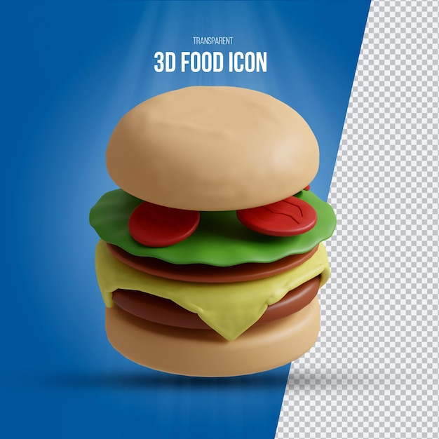 PSD 3dレンダリングおいしいチーズバーガー透明アイコン上面図