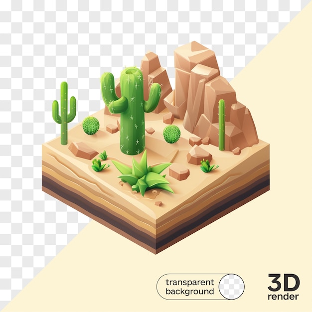 3d render desert isometric landscape with rocks and cactuses isolated background