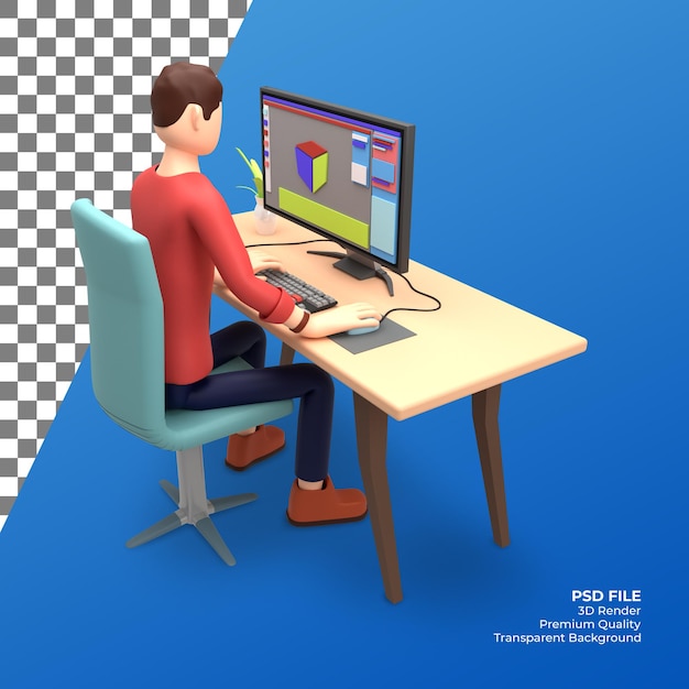 PSD 3d render designer man on workspace table illustration