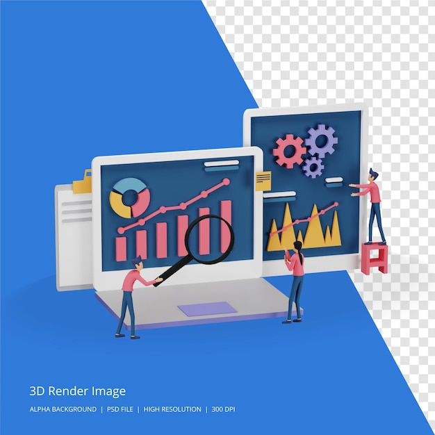 컴퓨터 화면에 작은 인물, 테이블, 그래픽 개체를 사용하여 디지털 마케팅 전략 개념을 3D 렌더링합니다. 방문 페이지 및 모바일 웹 사이트 템플릿에 대한 현대적인 온라인 소셜 미디어 마케팅