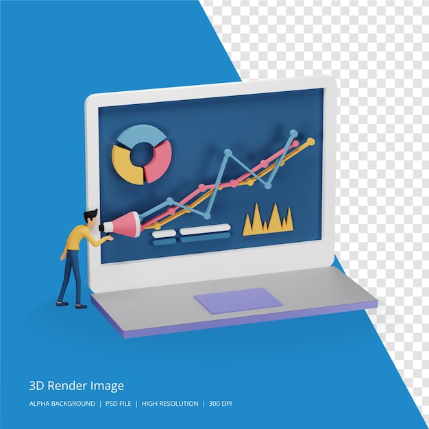 컴퓨터 화면에 작은 인물, 테이블, 그래픽 개체를 사용하여 디지털 마케팅 전략 개념을 3D 렌더링합니다. 방문 페이지 및 모바일 웹 사이트 템플릿에 대한 현대적인 온라인 소셜 미디어 마케팅