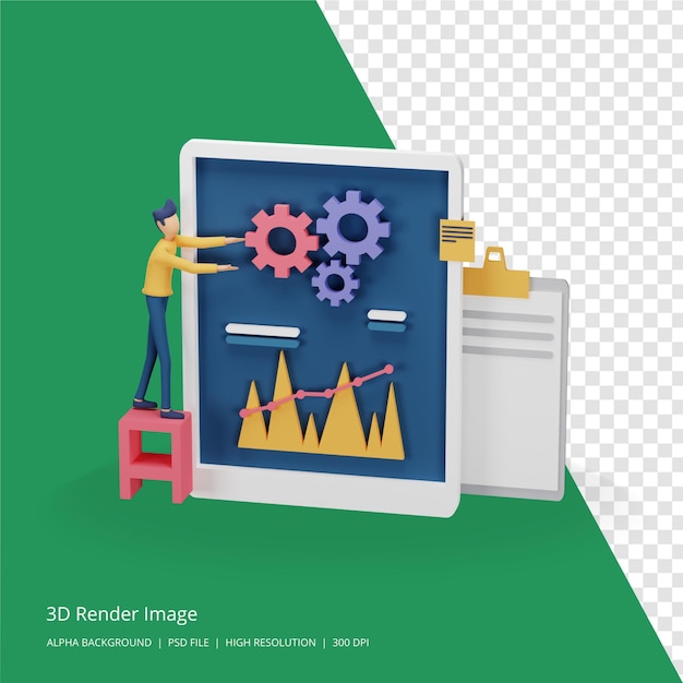 3D render of digital marketing strategy concept with tiny people character, table, graphic object on computer screen. online social media marketing modern for landing page and mobile website template