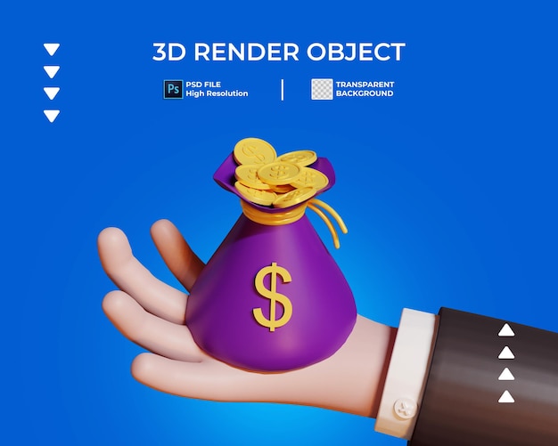 3d Render Dłoni Z Torbą Złotej Ikony Monety Na Białym Tle