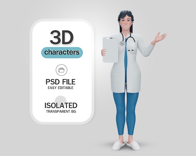3d render.Doctor мультипликационный персонаж показывает буфер обмена с чистой бумагой.