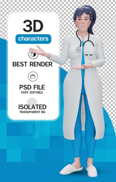 3d render doctor cartoon character standing wearing white lab coat and stethoscope