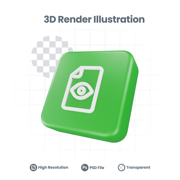 Icona dell'occhio del documento di rendering 3d per la promozione sui social media dell'app mobile web