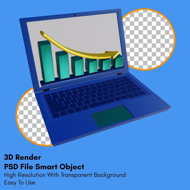 PSD 3d render giù il grafico esponenziale sull'icona del laptop con sfondo trasparente