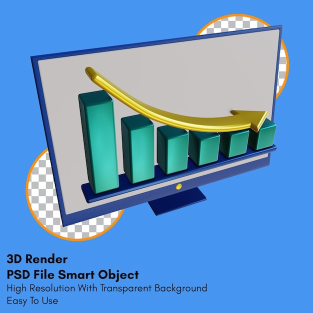 PSD 3d render giù il grafico esponenziale sull'icona del monitor con sfondo trasparente