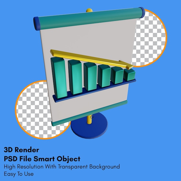 PSD 3d render down linear graph on presentation icon with transparent background