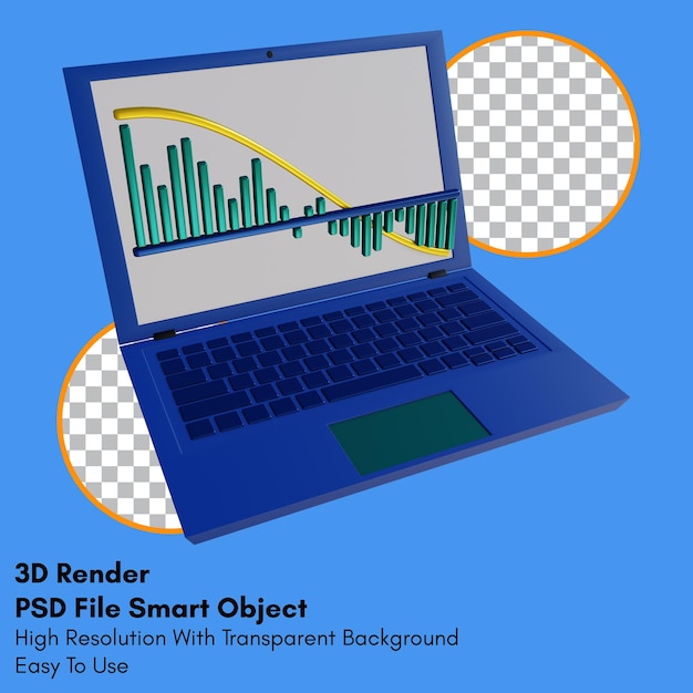 3d render down trend graph on laptop icon with transparent background