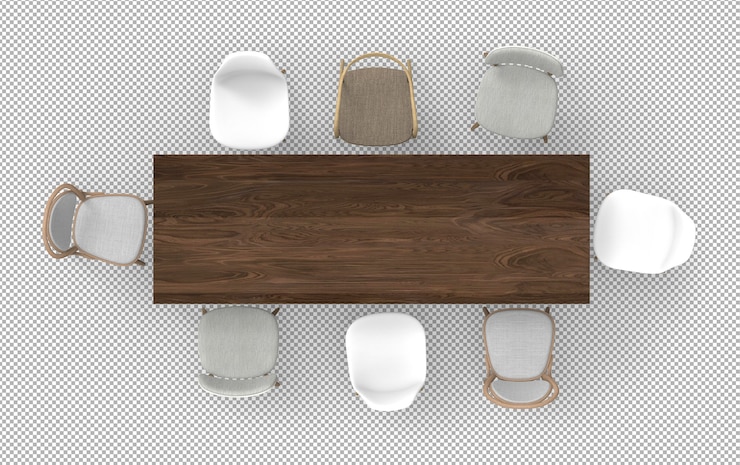 PSD 3d render drewniany stół z realistycznymi krzesłami na białym tle