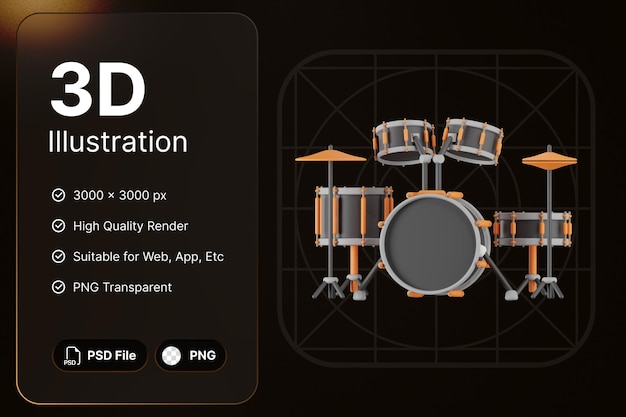 PSD 3d render drum set music studio concept modern icon illustrations design