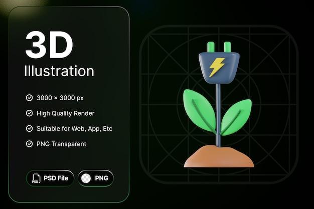 3d 렌더링 에코 전원 플러그 지구 개념 현대 아이콘 일러스트 디자인