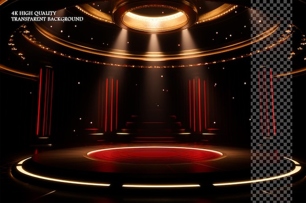 3d render of an empty circular stage with red curtains on transparent background