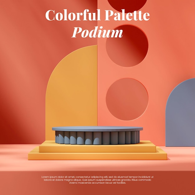 3d render empty space blue yellow podium in square abstract shape orange background