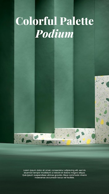 3d render empty space terrazzo stone podium in portrait green rough wall background