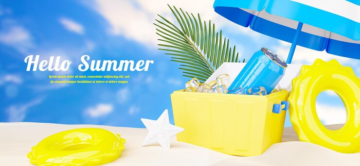 3d render of energy soft drink or cans in ice bucket with sand beach for summer concept.