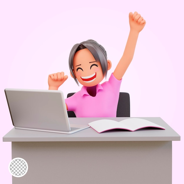 3d render Enthusiastic cute girl rejoicing from great news victory