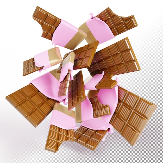 PSD 3d render explosion of chocolate bars in golden pink wrapper flying whole and bite choco desserts in open foil or paper packaging splash sweet snack isolated on white background 3d illustration
