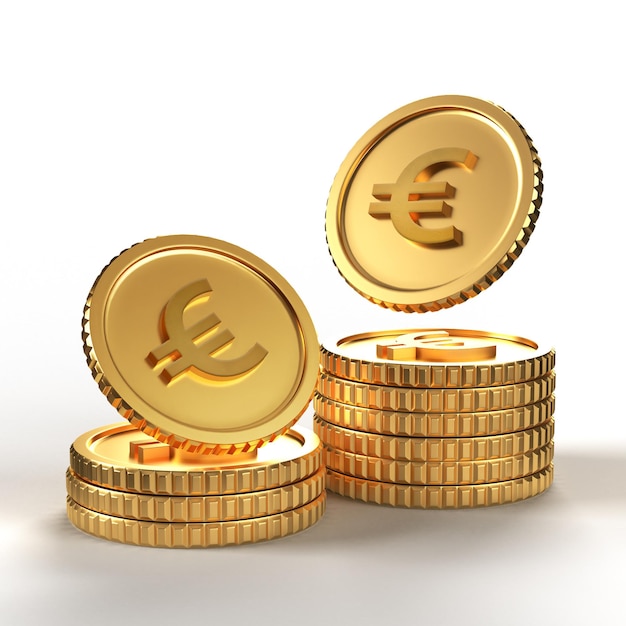 PSD 3d render of falling golden coins with euro sign isolated over white background