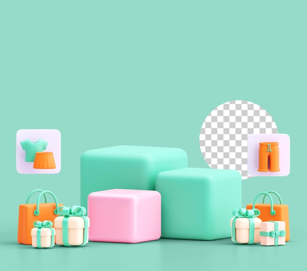 3D-рендер модной торговой сцены с красочными коробками, подарками и иконами одежды на прозрачном фоне