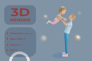 PSD 3d визуализация отца и дочери, играющих вместе, иллюстрациятестовый предварительный просмотр бизнес-значка