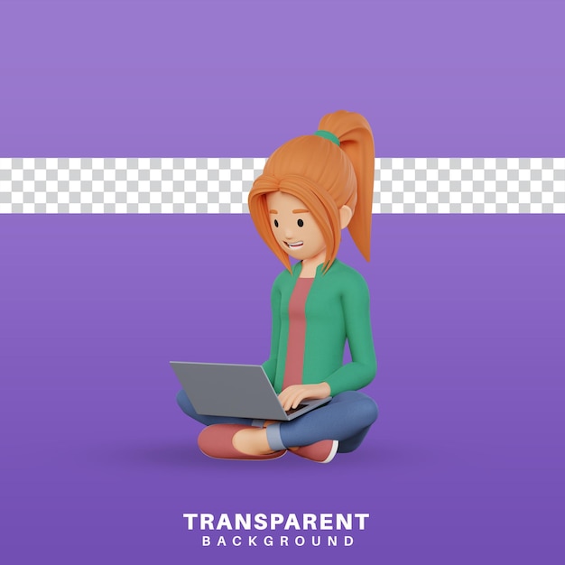 3d render female character working on a laptop