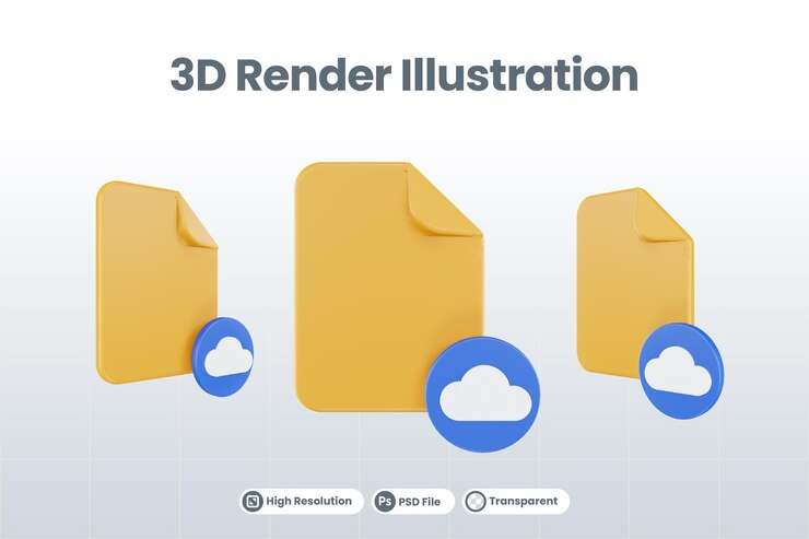 PSD 3d render file cloud icon with orange file paper and blue cloud