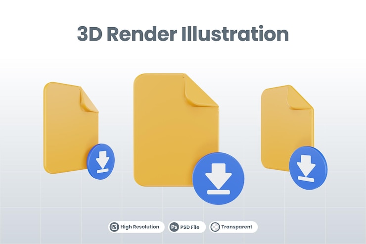 PSD 3d render file download icon with orange file paper and blue download