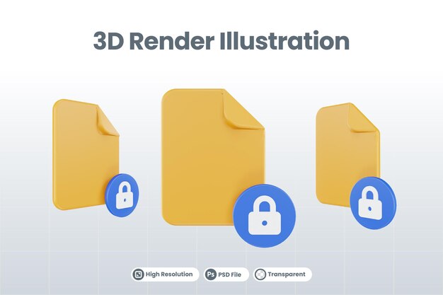 3d render file locked icon with orange file paper and blue locked
