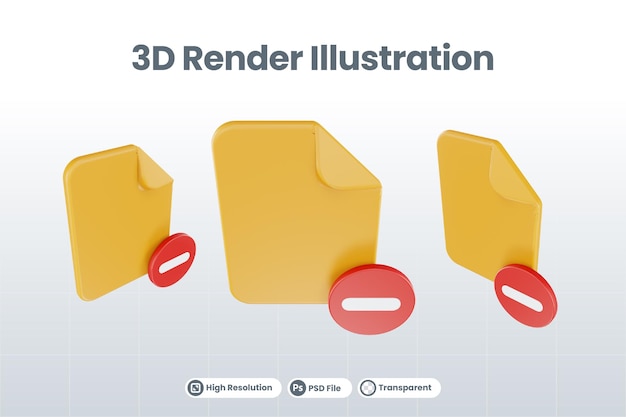 주황색 파일 용지와 빨간색 빼기가 있는 3d 렌더링 파일 빼기 아이콘