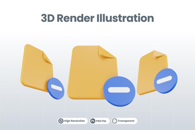 3d render file subtract icon with orange file paper and blue subtract