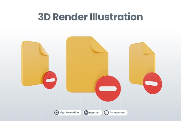 Icona di sottrazione file di rendering 3d con carta arancione e sottrazione rossa