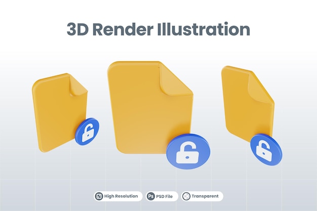 Значок разблокированного файла 3d рендеринга с оранжевой бумагой и синим разблокированным файлом