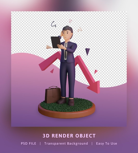 3d render of financial crisis infographics illustration with statistic and character